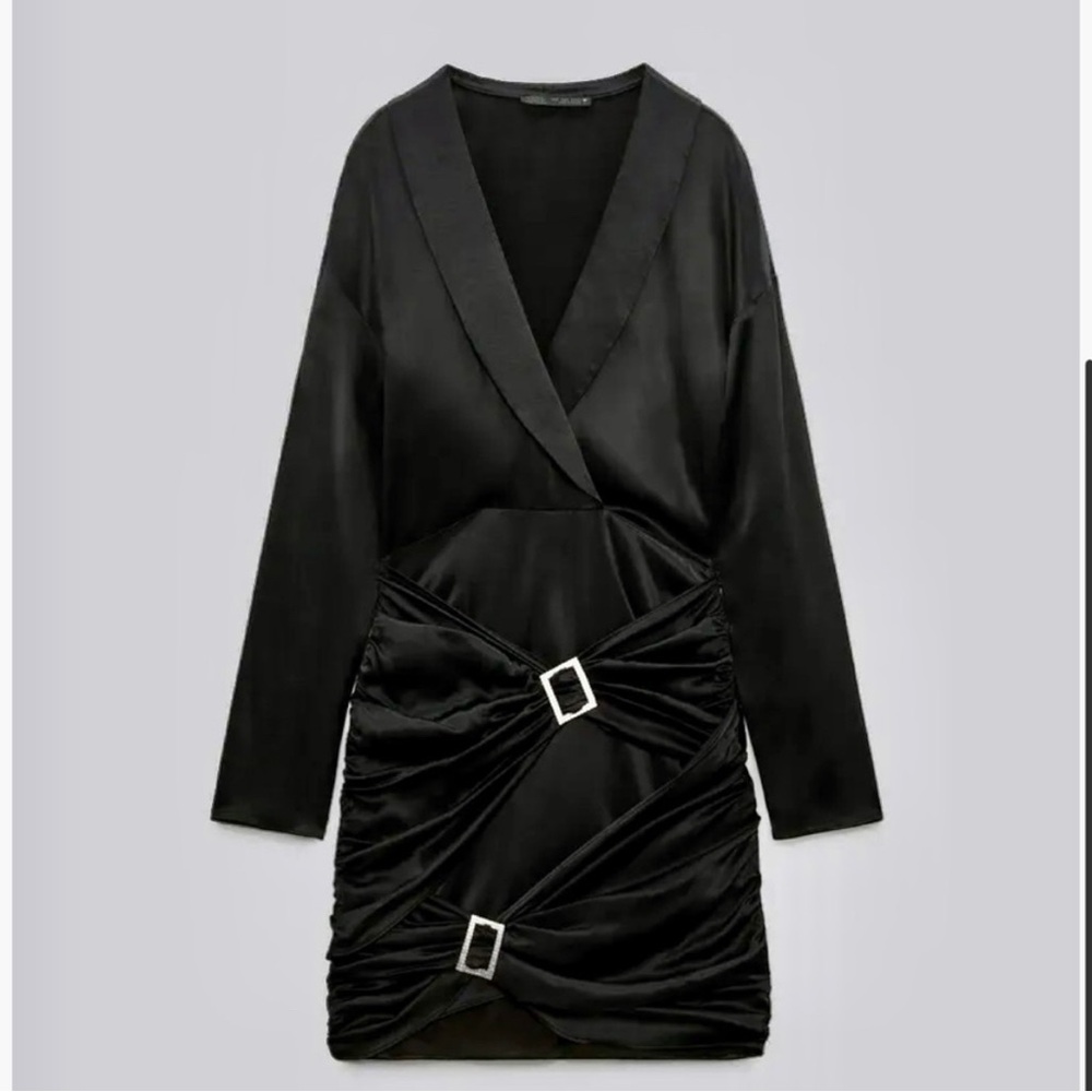 Zara NWOT black satin rhinestone jeweled detail long sleeves v neck mini dress
